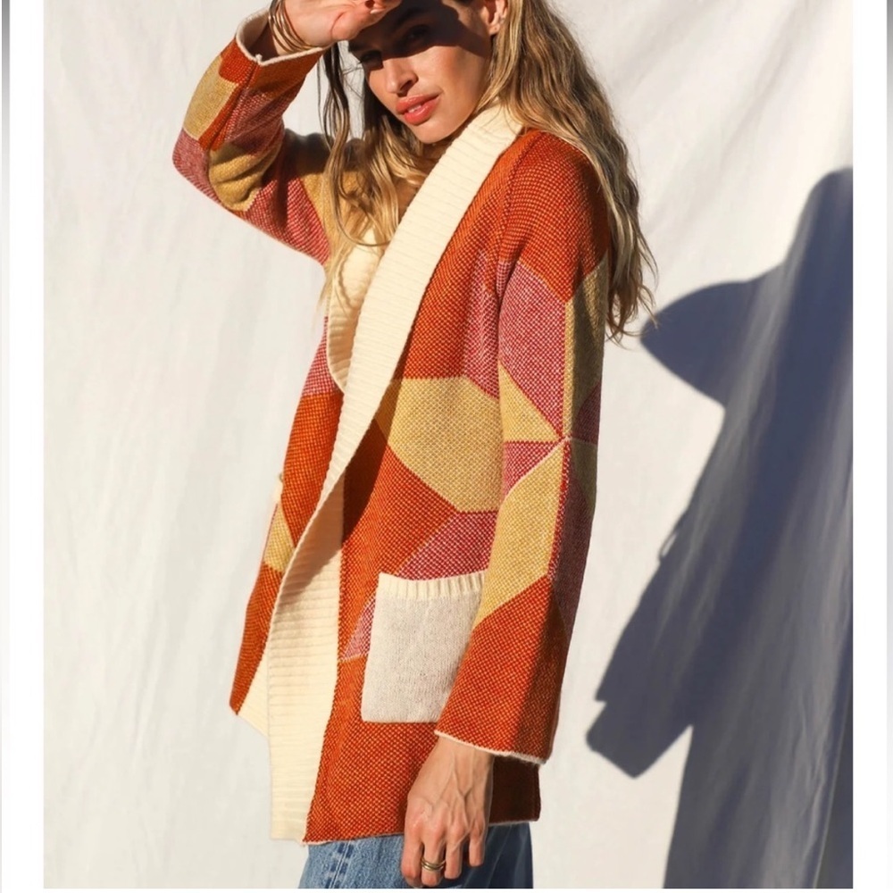 Jen’s Pirate Booty Freedom Star Cardigan Rust Yellow Reversible Holiday Sweater - Picture 2 of 15
